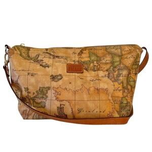 Alviero Martini 1A Classe Geo Classic Map Coated Canvas Leather Shoulder Bag